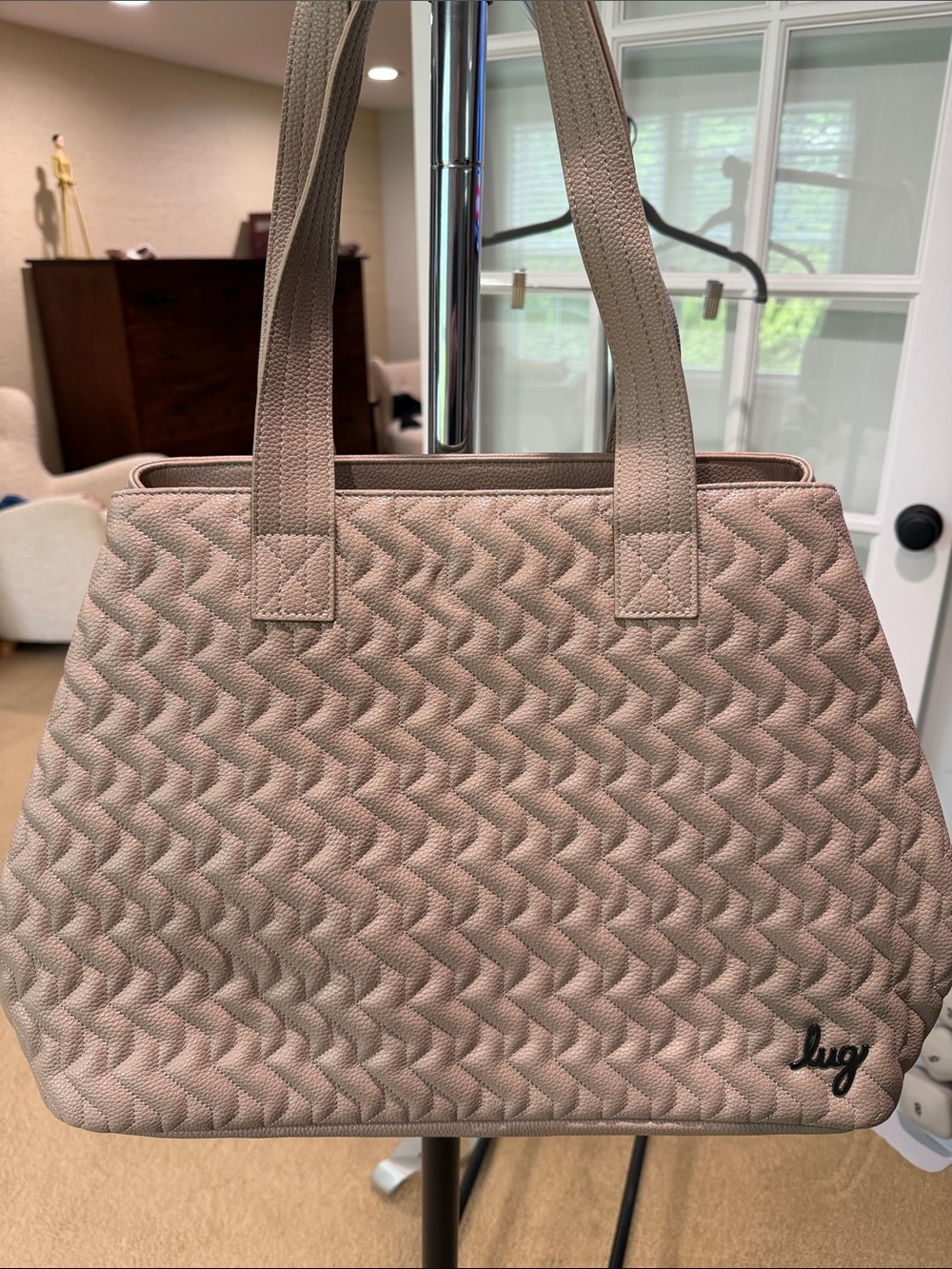 lug Tempo Vegan Leather Quilted Tote in Sand Taupe